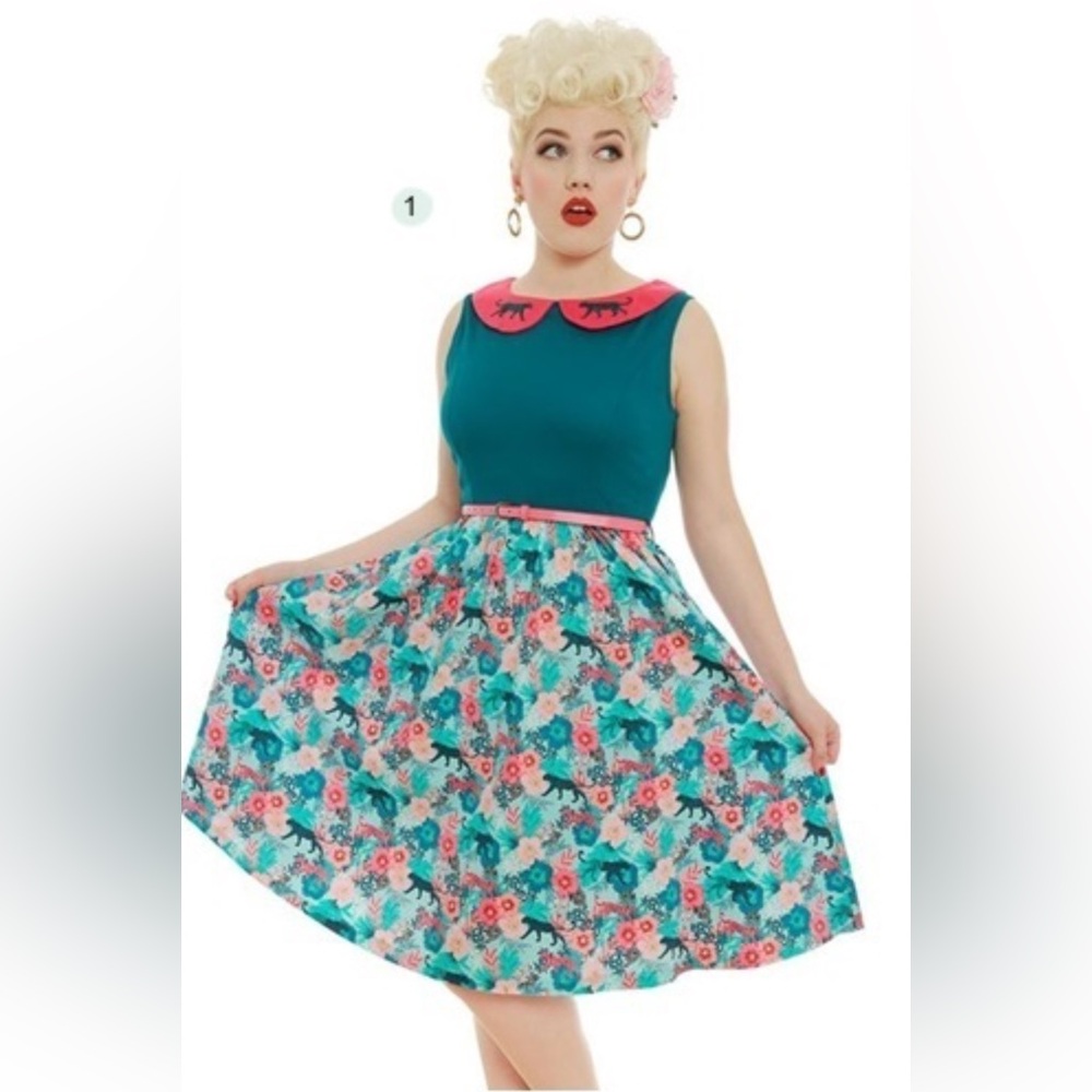 Lindy Bop blue tropical leopard Audrey dress in size US 14.